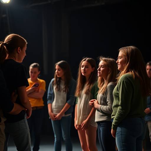 En gruppe studenter som deltar i en skuespillklasse og øver på en scene sammen.