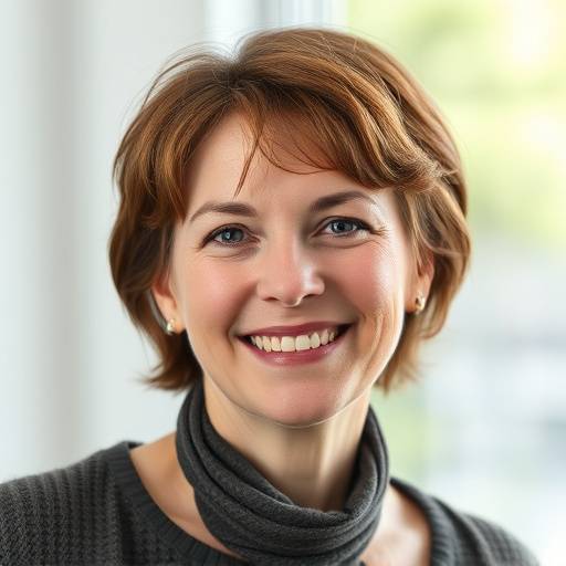 Portrett av Astrid Bjørnsen, en smilende kvinne med kort brunt hår og vennlig uttrykk.